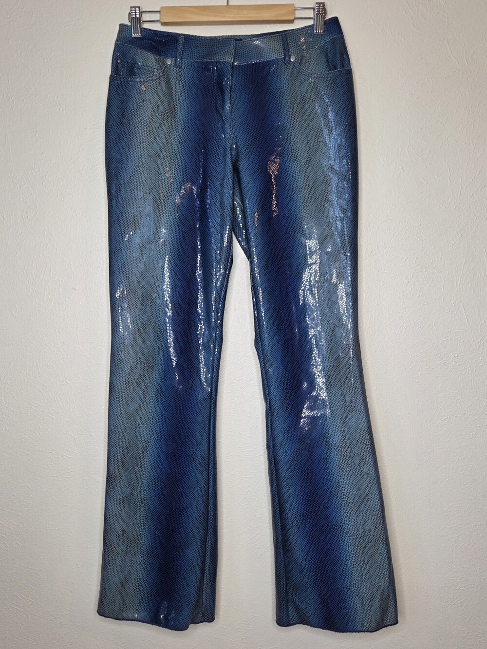 Bebe Vintage Y2K Made in USA Blue & Brown Metallic Snakeskin Bootcut Pants Rare